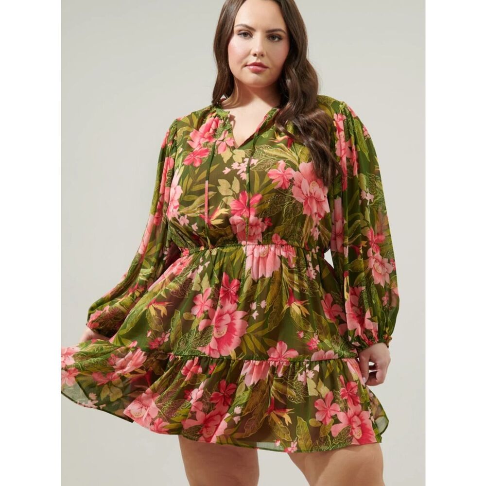 Sugar Lips Plus Size Lilikoi Floral Paxton Balloon Sleeve Mini Dress, 3X